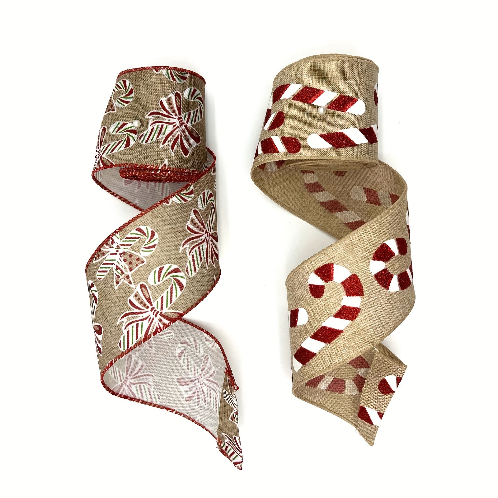 57 Meters Christmas Brown Candy Wired Edge Ribbon Red Candy Cane Fabric Craft