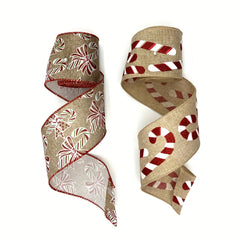 57 Meters Christmas Brown Candy Wired Edge Ribbon Red Candy Cane Fabric Craft