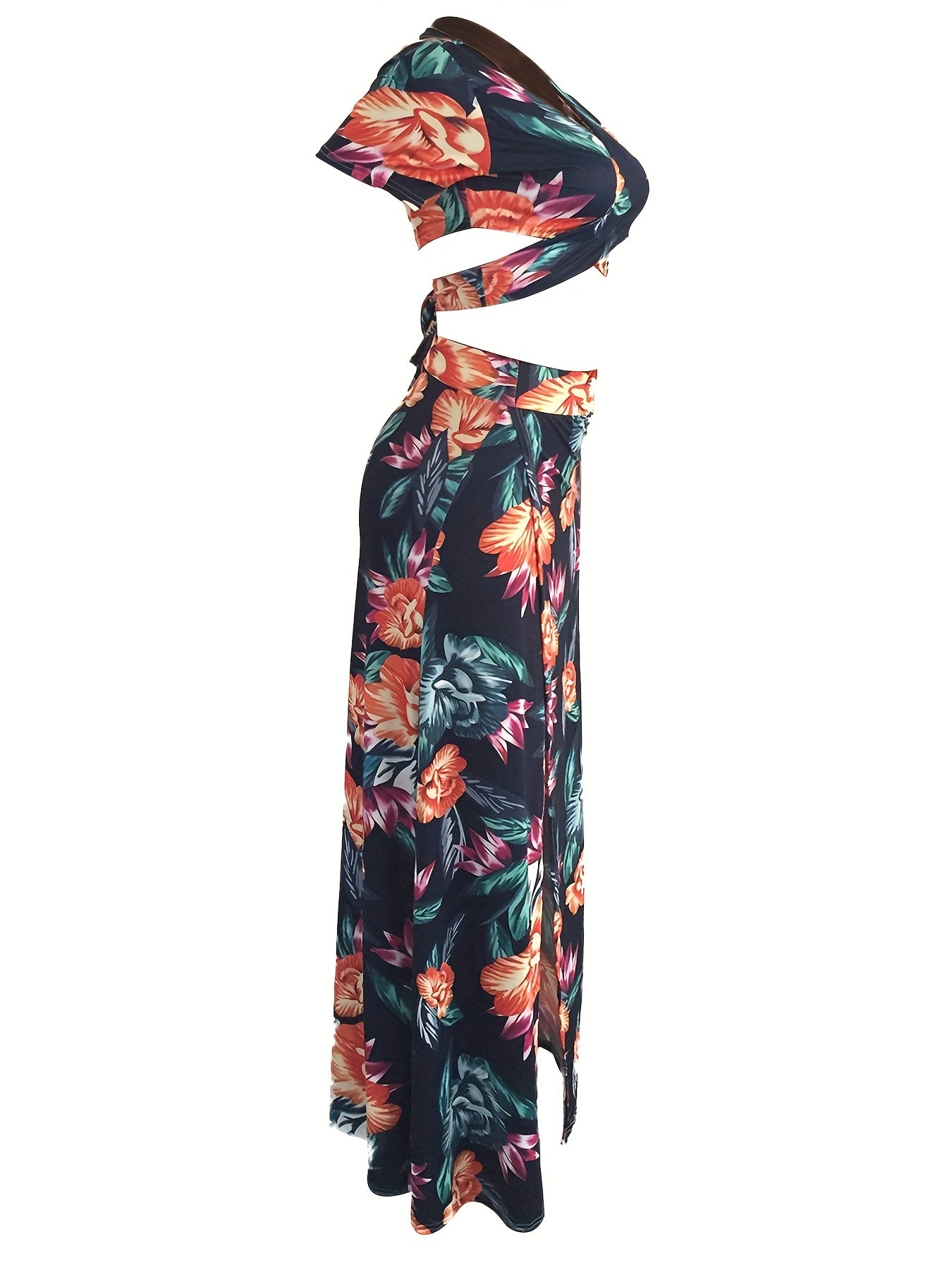Floral Print Two piece Skirt Set V neck Crop Top & Split Skirt