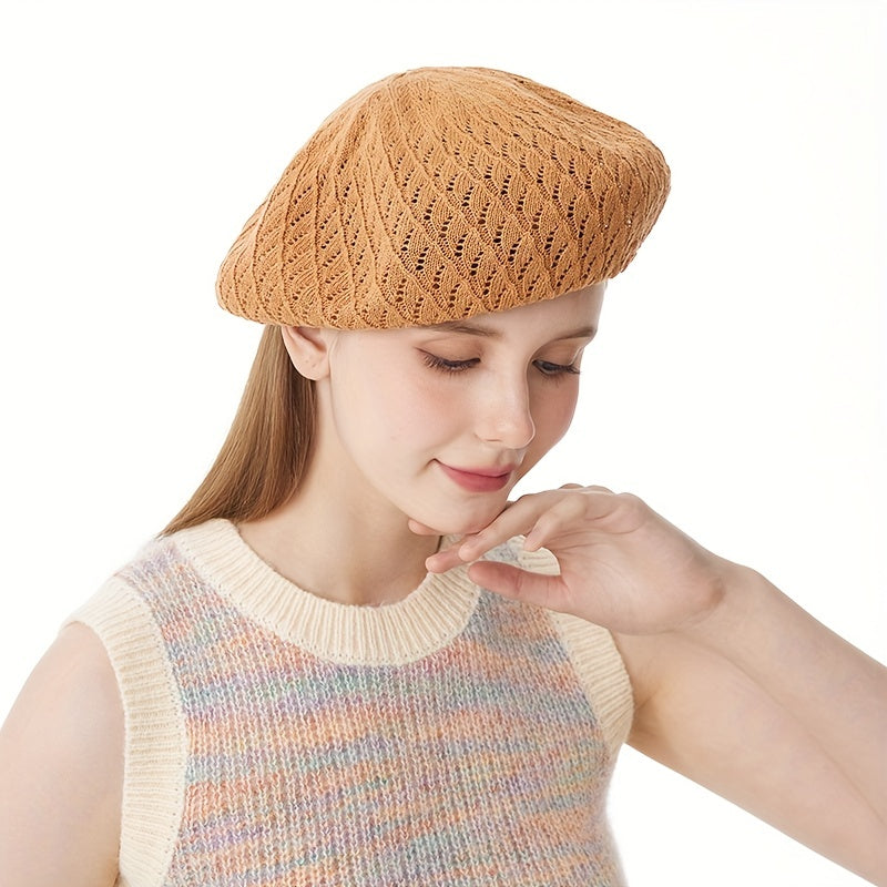 Brown Hollow Out Beret Classic Solid Beanie Lightweight Painter Cap Vintage