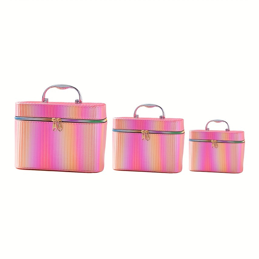 3pcs Striped Makeup Travel Case Cosmetic Organizer Bag With Handle & Mirror