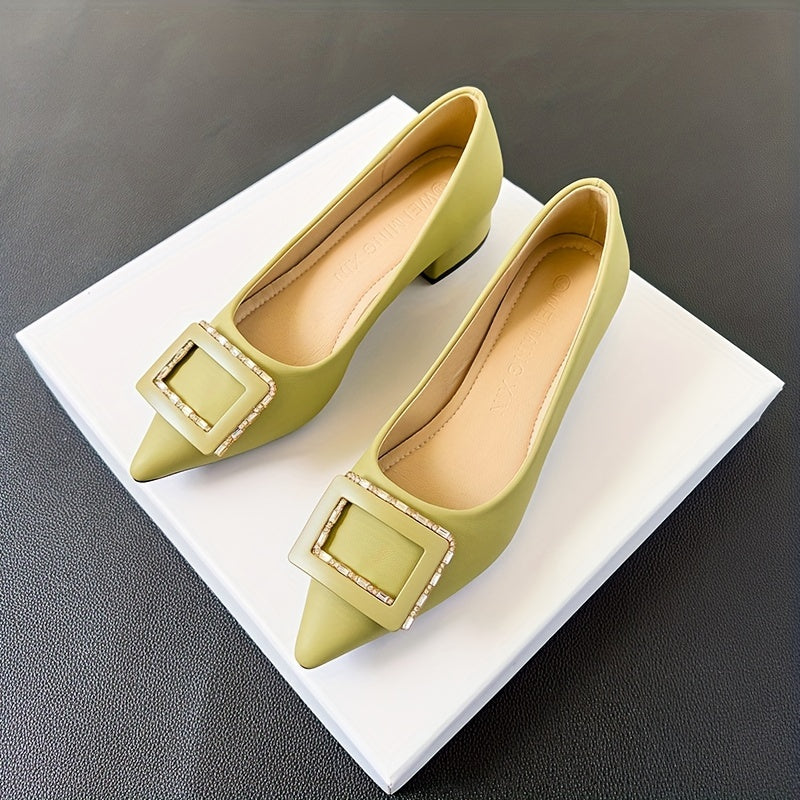 Women's Rhinestone Buckle Decor Slip On Block Heel Shoes