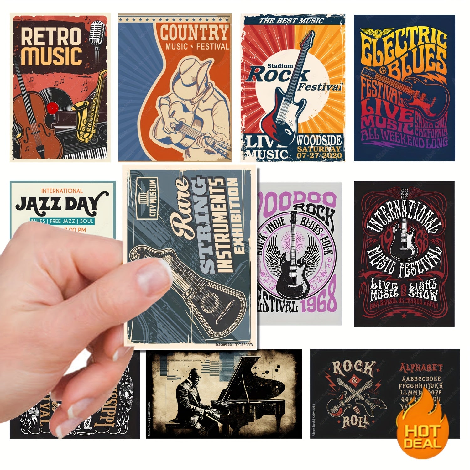 50 Vintage Music Poster Stickers Retro Designs for Gadgets & Gear