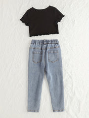 Girls Pit Strip Short Sleeve T shirt & Elastic Waist Jeans Set