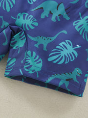 Boys Dino & Leaves Print Swim Trunks & Cap Set for Beach Vacation