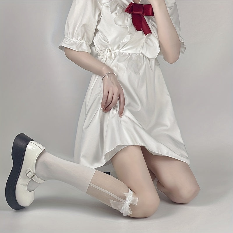 Mesh Stitching Calf Socks Ultra thin Bow Knee High Socks Women's Stockings