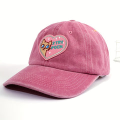 Pink Distressed Baseball Cap Cat Heart Embroidery Dad Hat