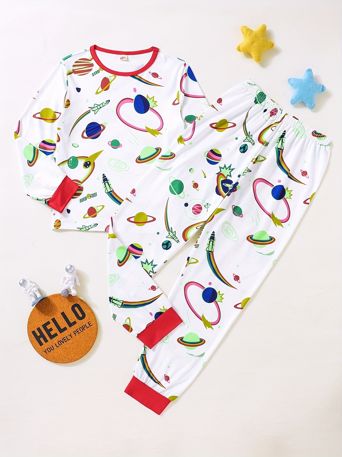 Boys Rocket Print Pajamas Set Long Sleeve Round Neck Top & Pants
