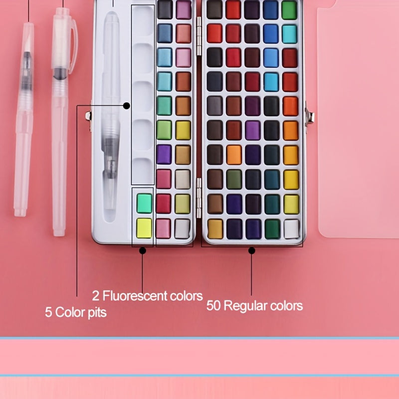 50-Color Watercolor Paint Set - Solid, Pearl, Fluorescent, Glitter, Metallic