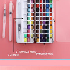50-Color Watercolor Paint Set - Solid, Pearl, Fluorescent, Glitter, Metallic