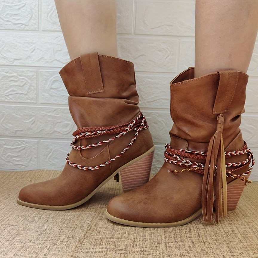 Women's Tassel Western Boots Straw Woven Chunky Heel Cowboy Shoes