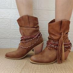 Women's Tassel Western Boots Straw Woven Chunky Heel Cowboy Shoes
