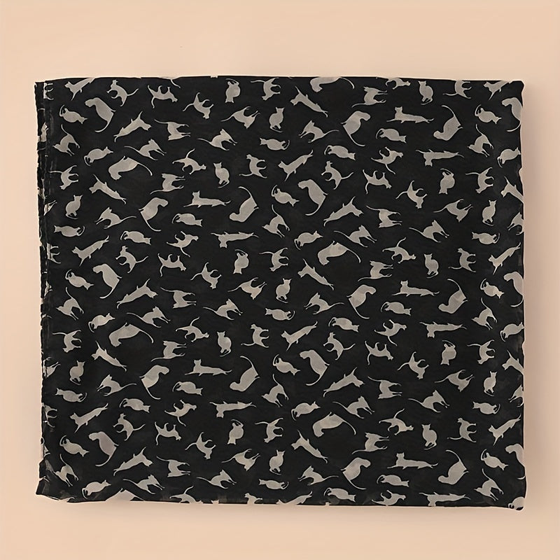Vintage Cartoon Cat Print Chiffon Scarf Solid Shawl Headwrap