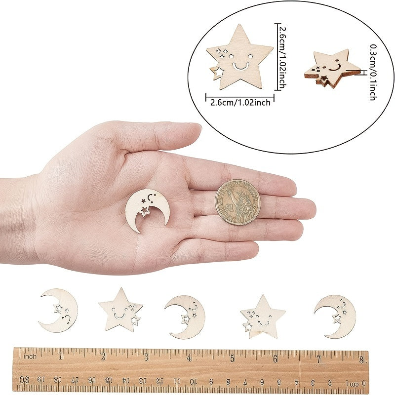 50pcs Star & Moon Wooden DIY Craft Cutouts Wooden Slices Gift Ornaments