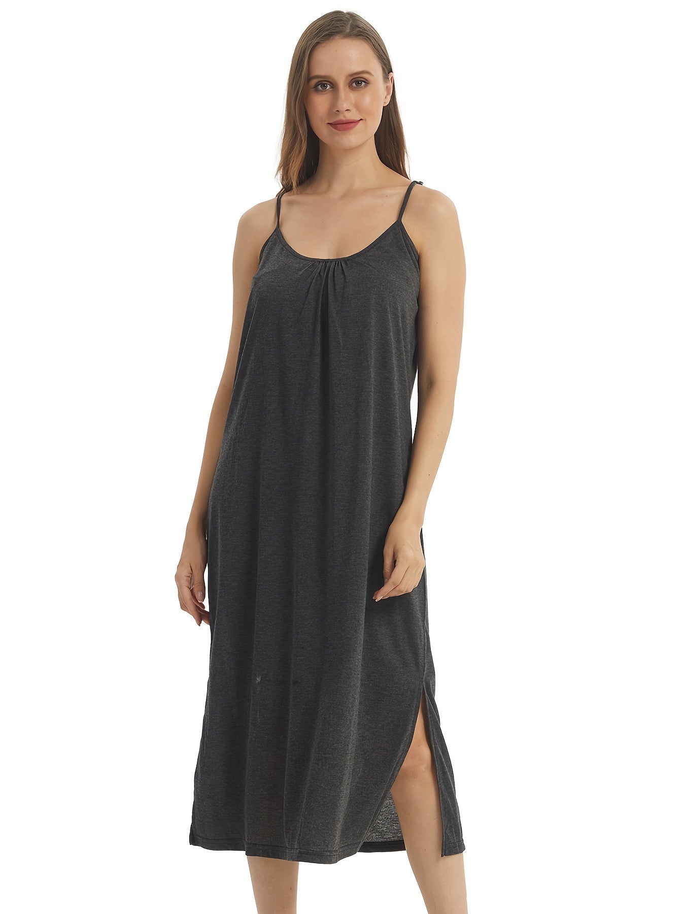 Women's Solid Thin Straps High Fork Pajamas Dress