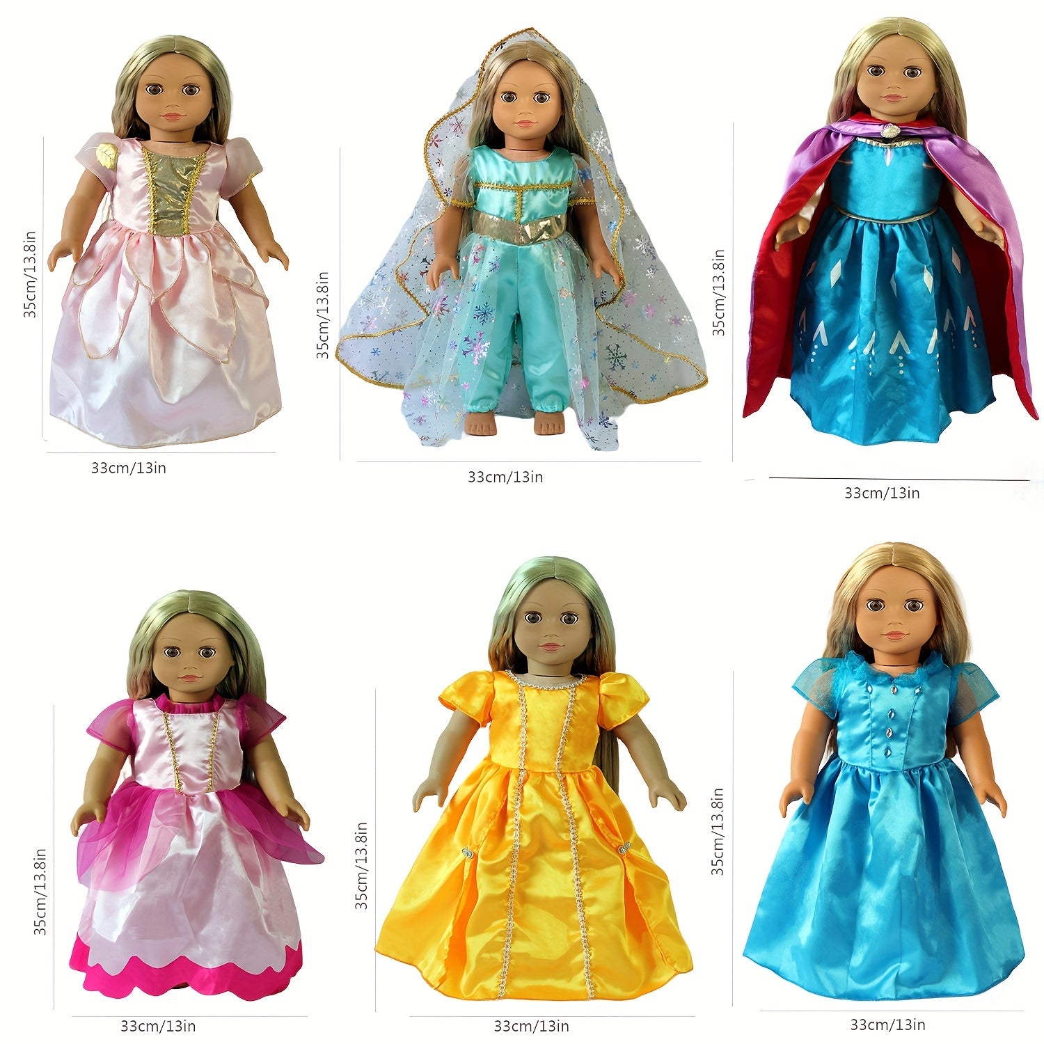 Complete Princess Doll Clothes Set for 45-72 cm Dolls, 6 Outfits, Christmas Gift