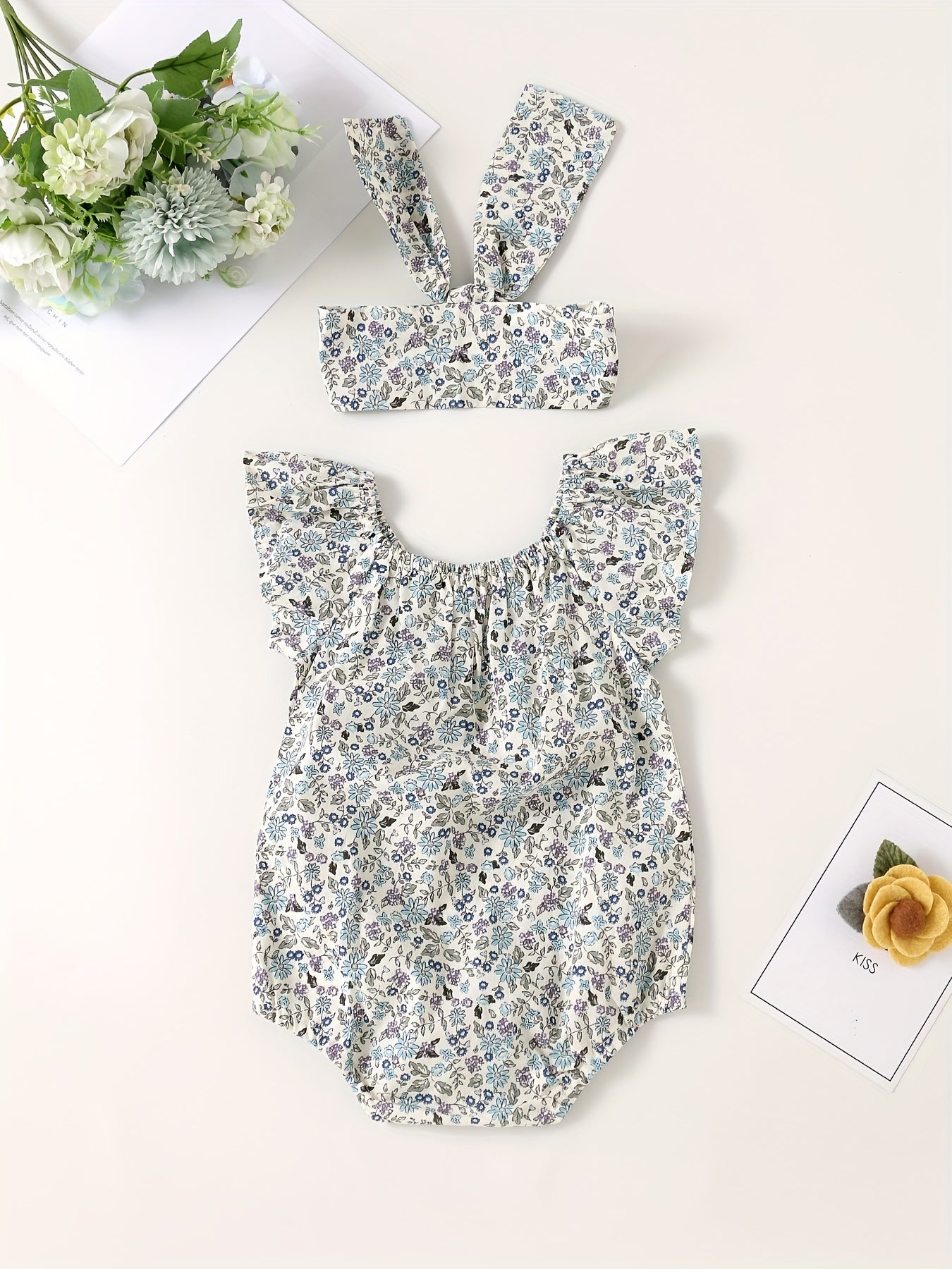 Baby Girls Square Neck Onesies with Floral Print Romper