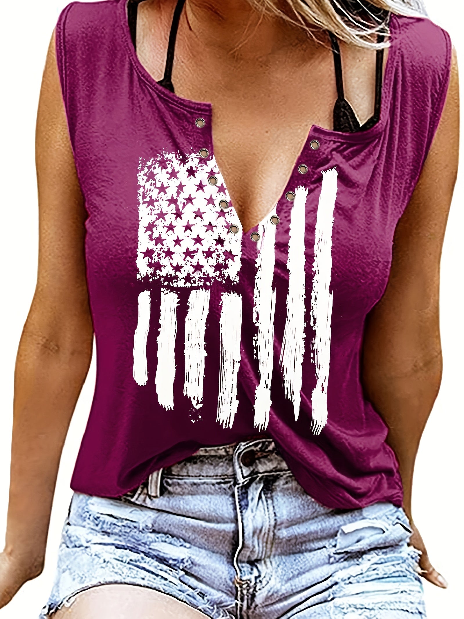 American Flag Print Tank Top Sleeveless Crew Neck Women's Clothing