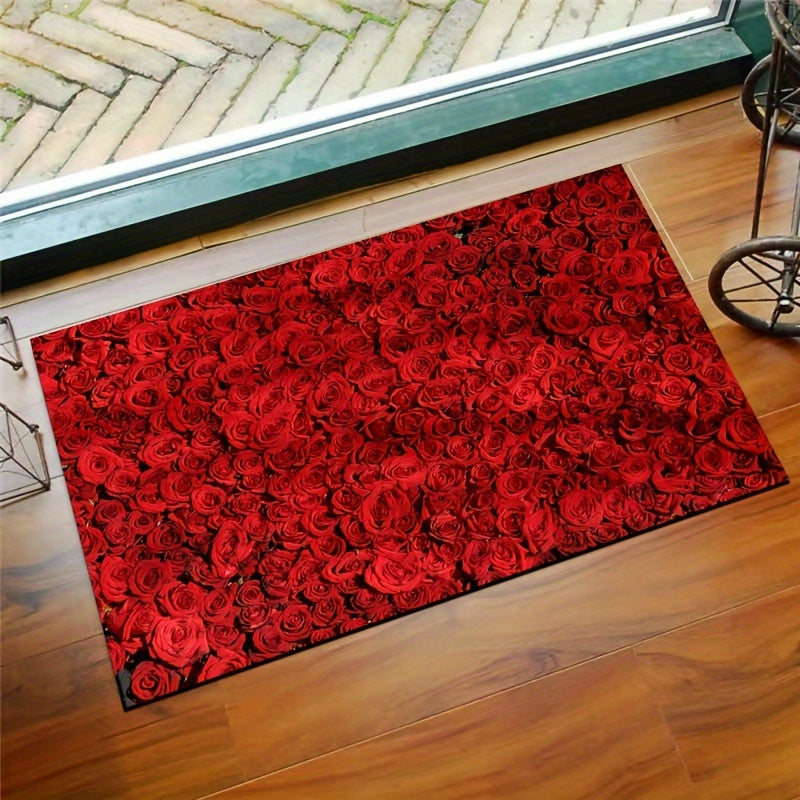Red Rose Print Rug Romantic Decorative Floor Mat Machine Washable Carpet