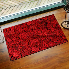 Red Rose Print Rug Romantic Decorative Floor Mat Machine Washable Carpet