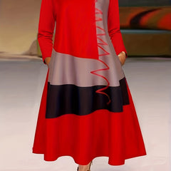 Colorblock Stripe Print Round Neck Dress With Pockets