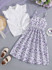 Girls 2pcs Skirt Set Twist Knot Shirt & Cami Dress Summer Clothes