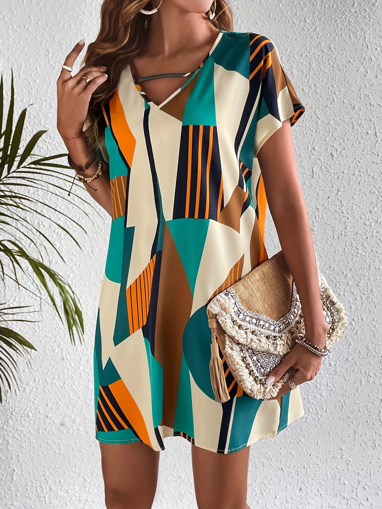 Geo Print Summer Dress Casual Short Sleeve V Neck Mini Dress