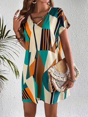 Geo Print Summer Dress Casual Short Sleeve V Neck Mini Dress