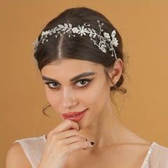 Crystal Faux Pearl Headband Tiara Silvery Flower Rhinestone Hairband