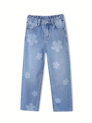 Girls Flowers Graphic Cotton Jeans Casual Pocket Denim Pants
