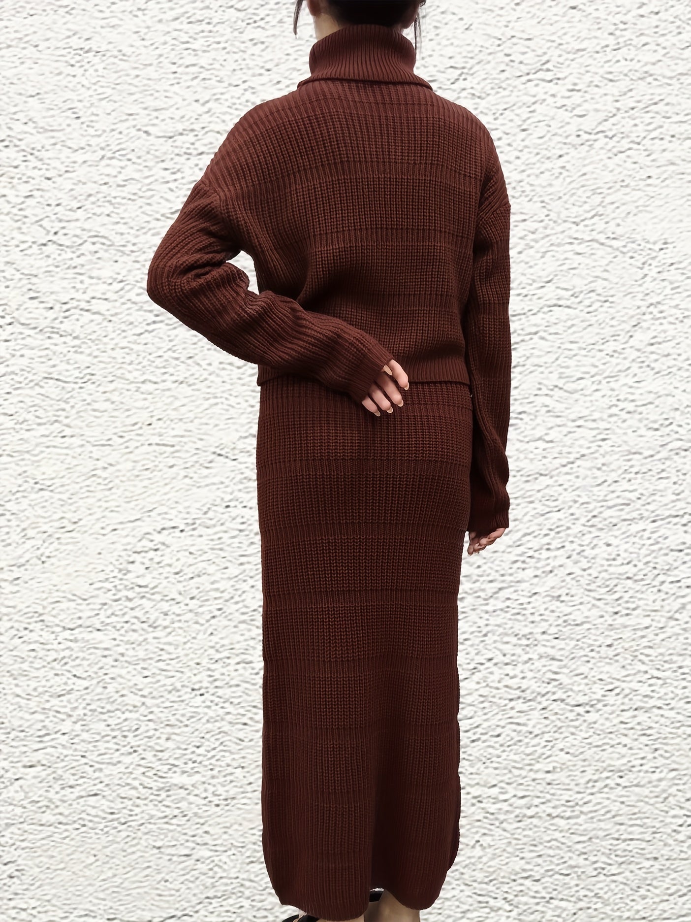 Solid Knit 2pc Skirt Set Turtleneck Sweater & Ankle Length Skirt