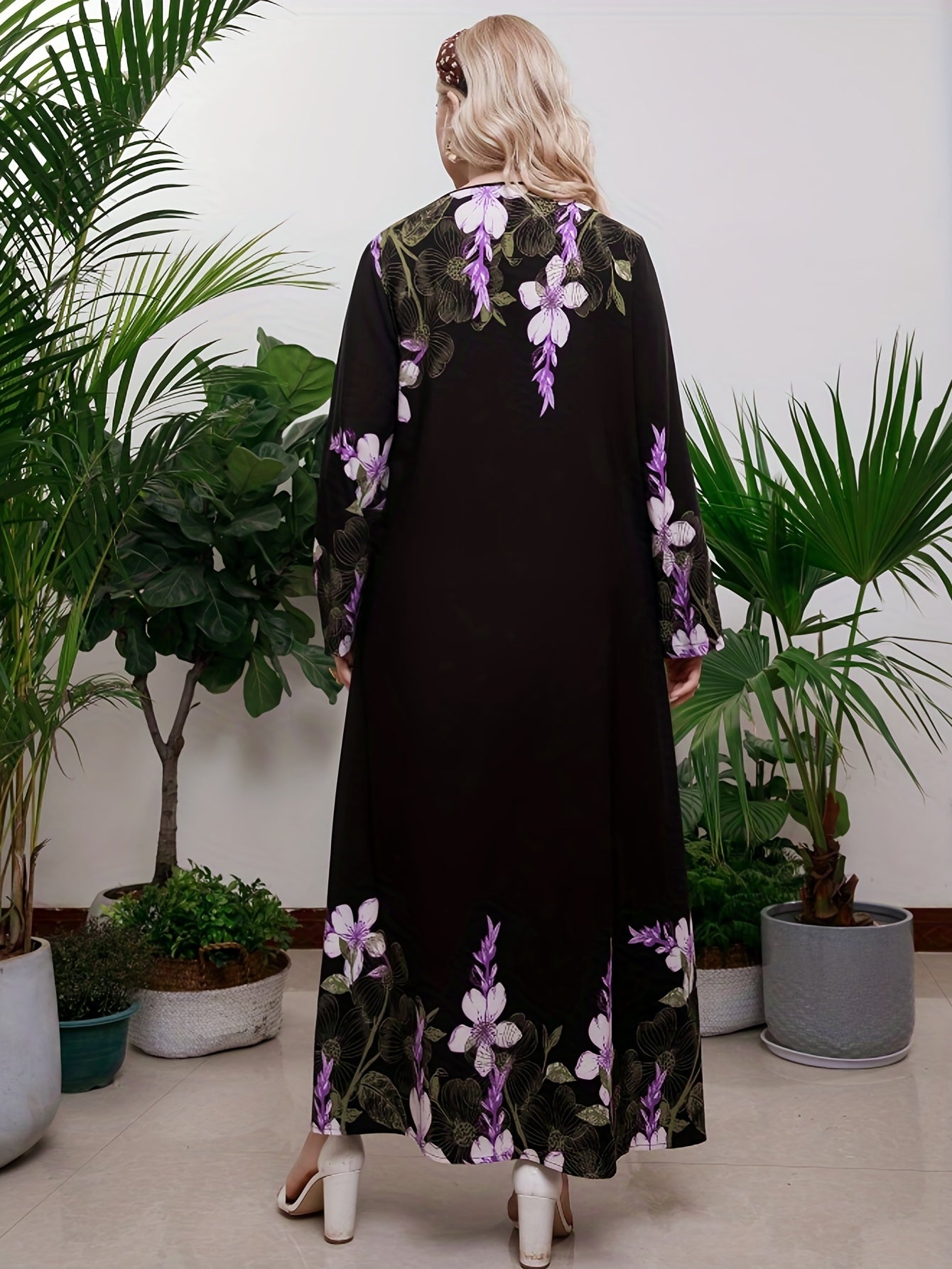 Women's Plus Floral Print Long Sleeve Maxi Tunic Dress