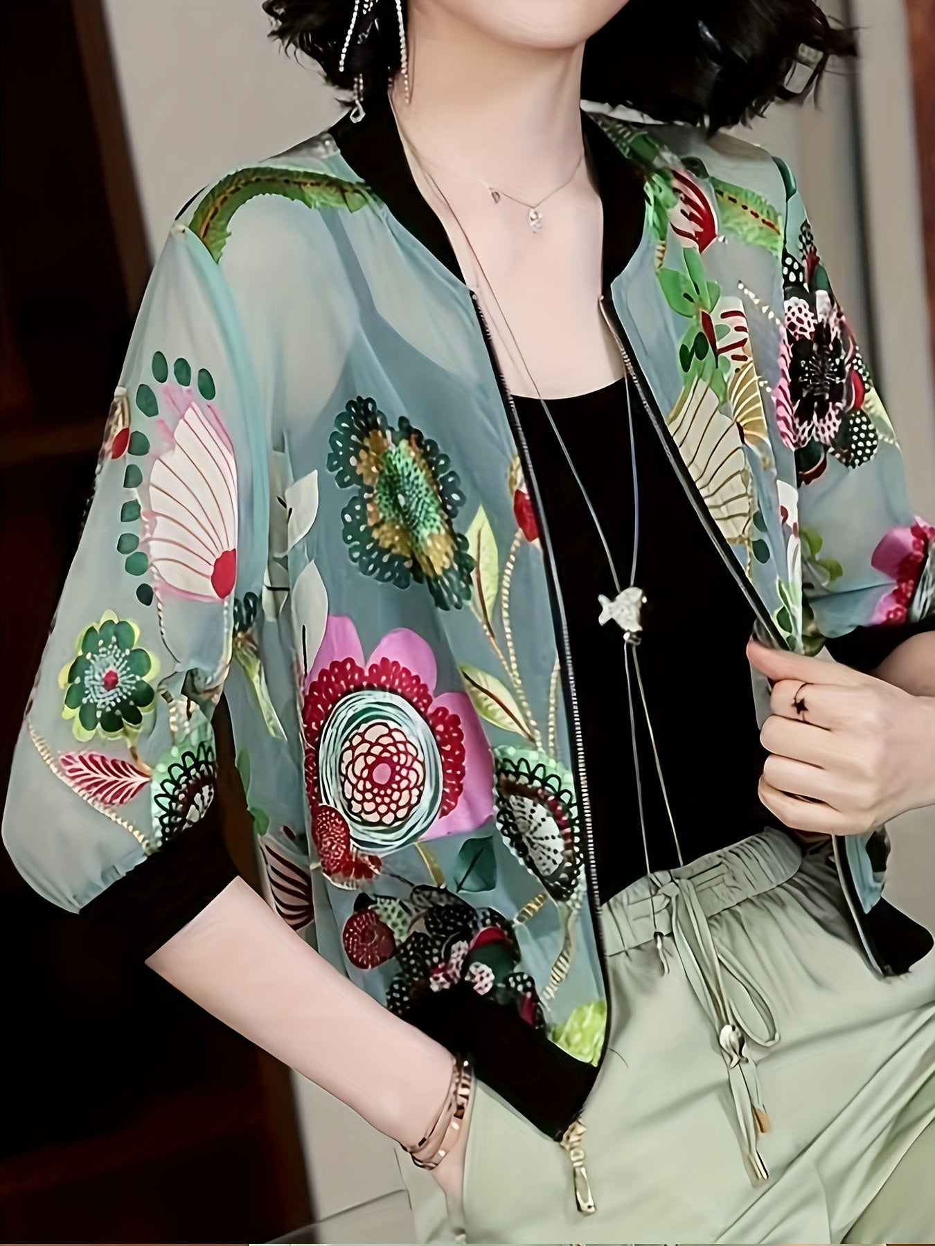 Floral Print Cover Up Shirt Long Sleeves Semi Sheer Zip Front