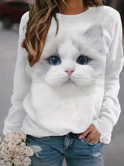 Cat Print Pullover Sweatshirt Long Sleeve Crew Neck Sweatshirt