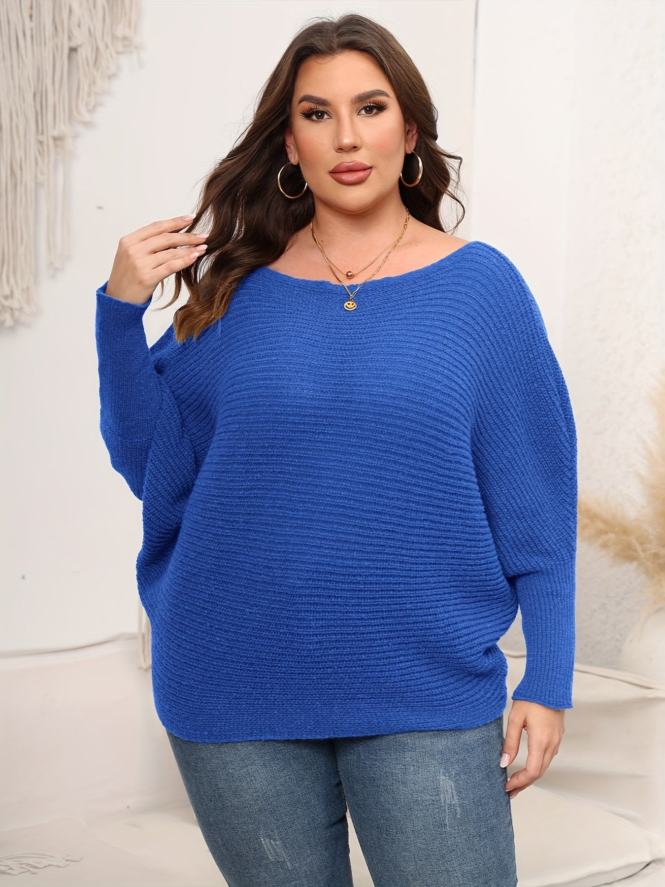 Solid Ribbed Batwing Sleeve Boat Neck Sweater