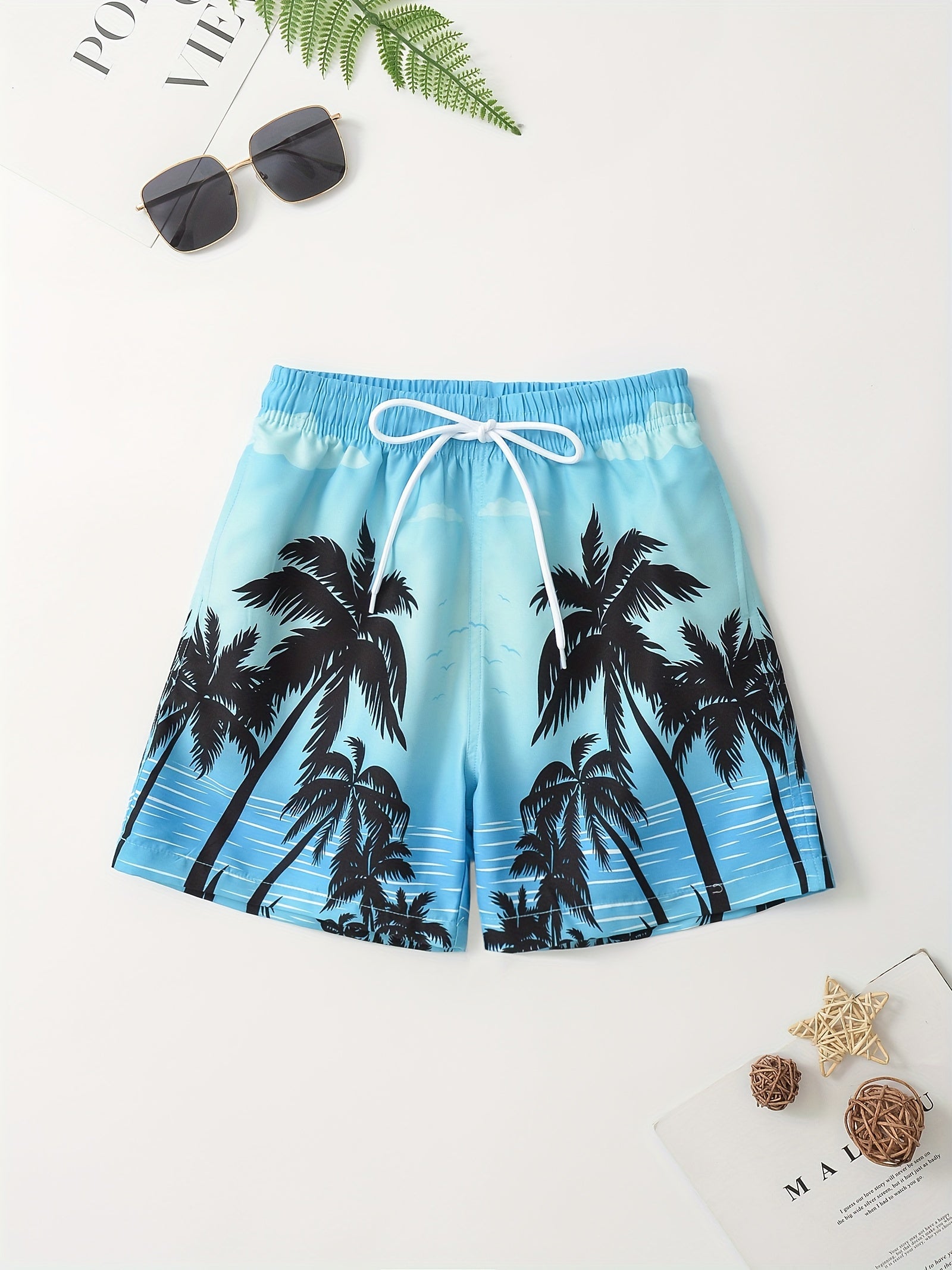 Tropical Plant Pattern Swim Trunks for Boys - Beach Shorts for Summer Vacation
