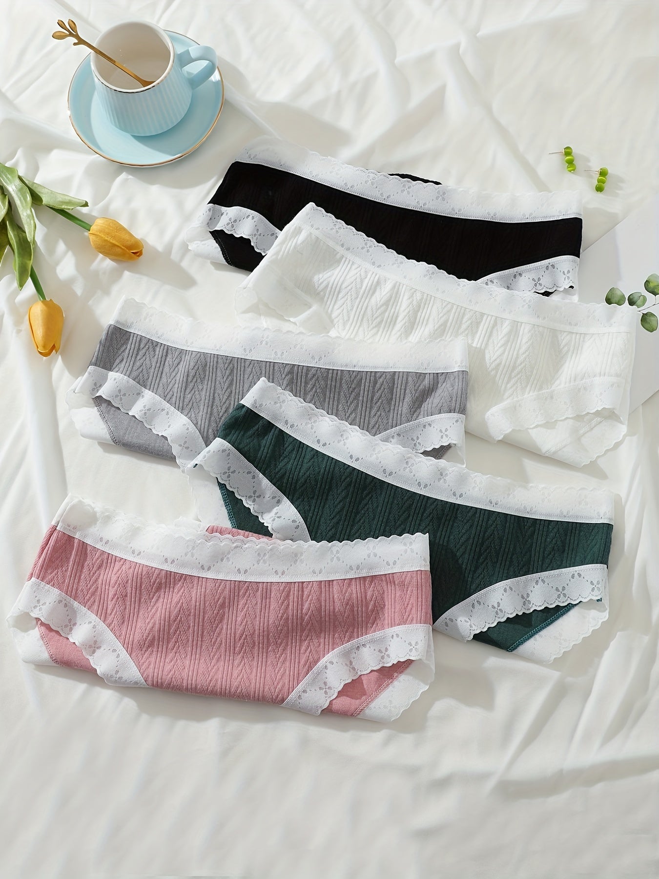 5pcs Lace Briefs Comfy Mid Rise Intimates Panties Women's Lingerie