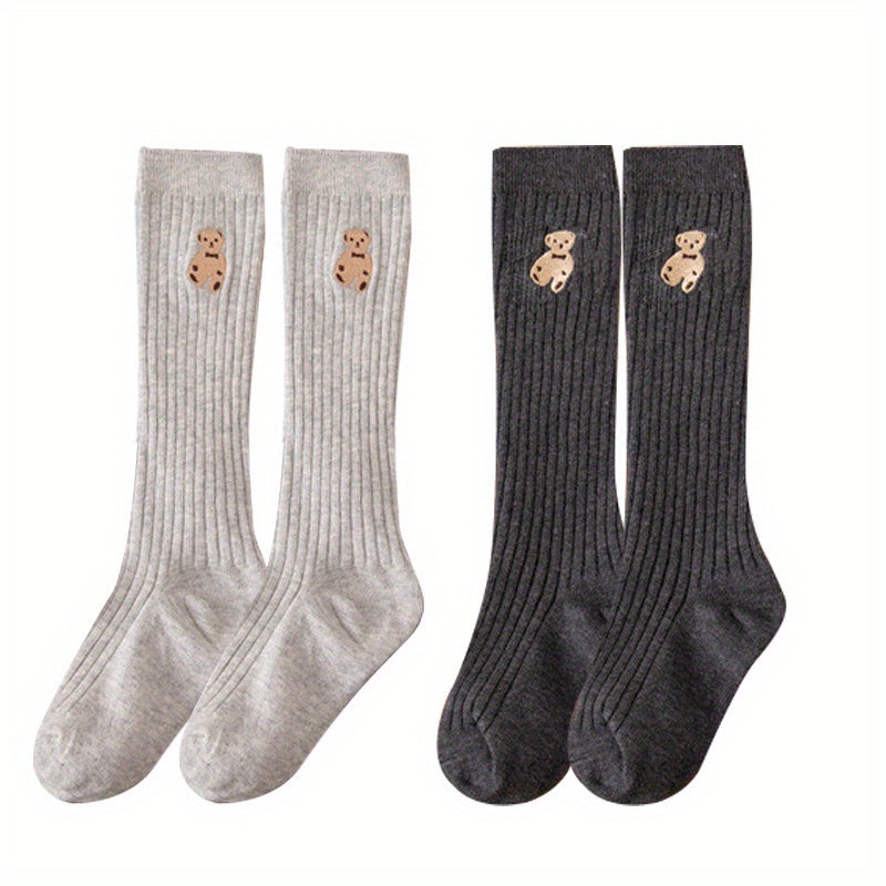 Girls Cartoon Bear Cotton Blend Knee High Socks - Striped Stockings