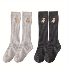 Girls Cartoon Bear Cotton Blend Knee High Socks - Striped Stockings