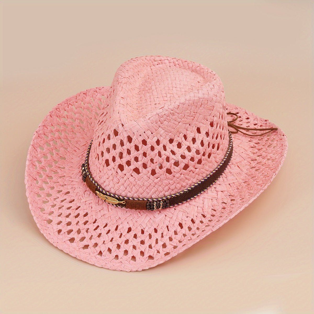 Turquoise Tassel Belt Cowboy Hat Vintage Western Hollow Crochet Straw Hat