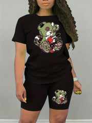 2pcs Bear Graphic Crew Neck Sports Short Sleeves & Solid Shorts