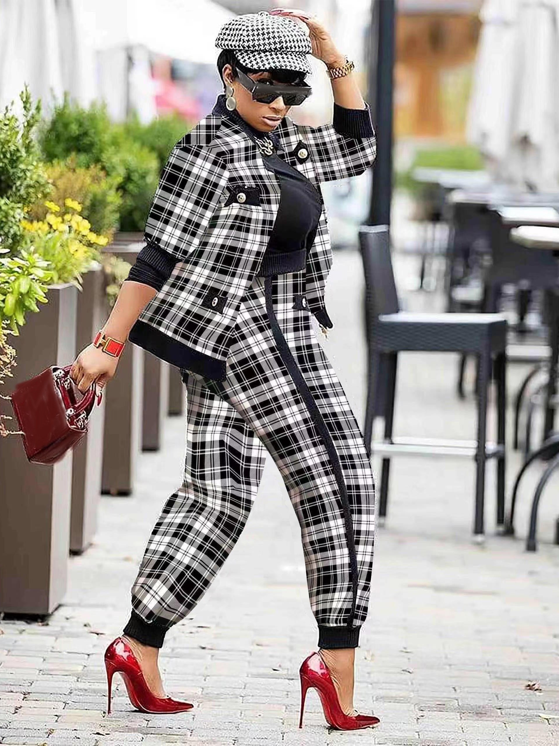 Plaid Button Two piece Set Contrast Trim Jacket & Casual Pants Outfits