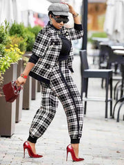 Plaid Button Two piece Set Contrast Trim Jacket & Casual Pants Outfits