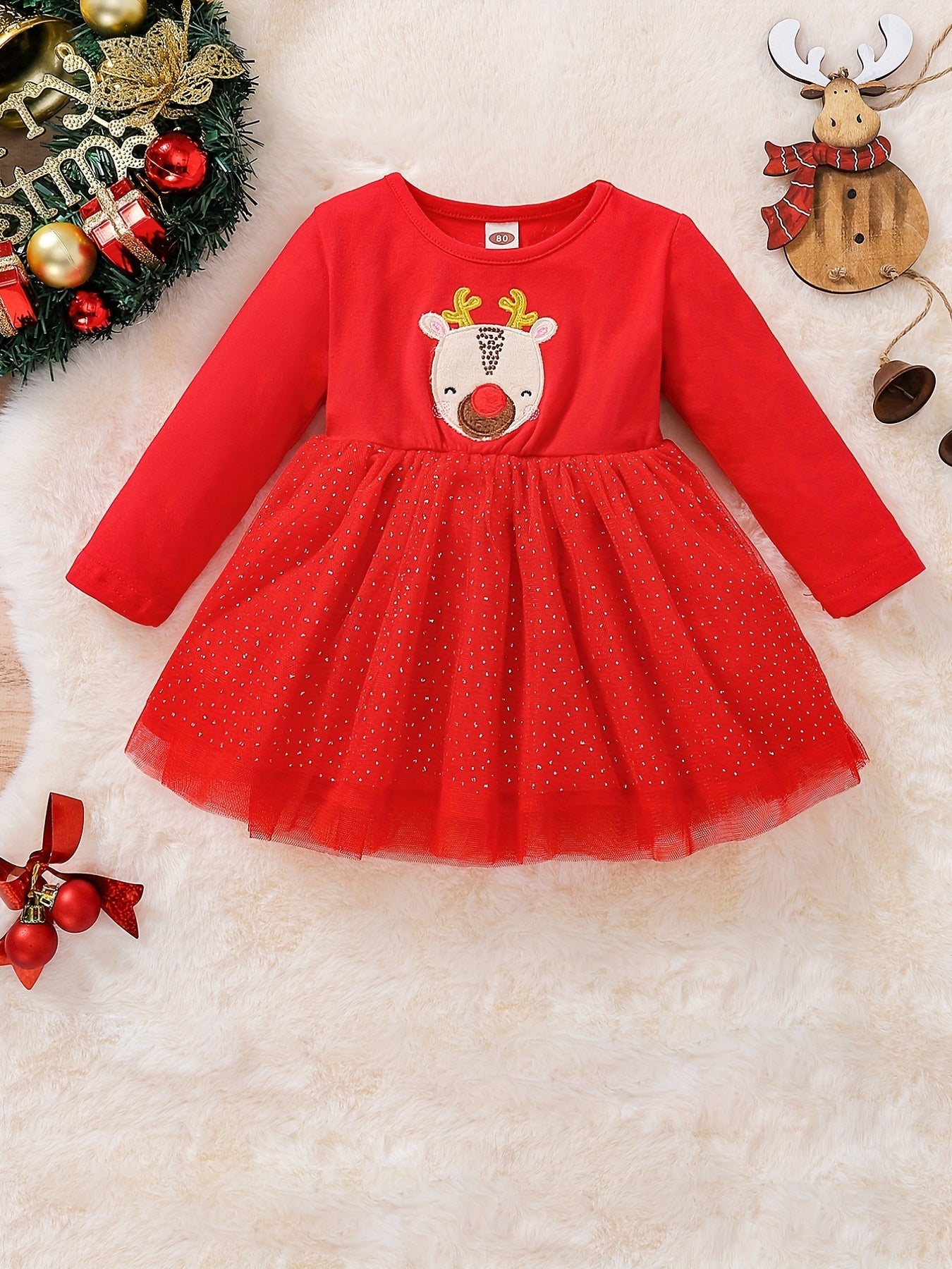 Baby Girls Christmas Fawn Patch Snowflake Dot Mesh Skirt Swing Dress