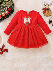 Baby Girls Christmas Fawn Patch Snowflake Dot Mesh Skirt Swing Dress