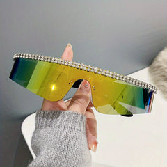 Y2K Rimless Wrap Around Sunglasses Rhinestone Gradient Lens UV400