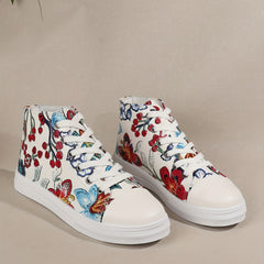 Flower Pattern Canvas Shoes Mid Top Lace Up Sneakers Lightweight Skate Shoes