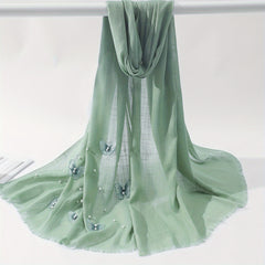 Butterfly Embroidered Scarf Pearl Decorated Thin Fringed Shawl