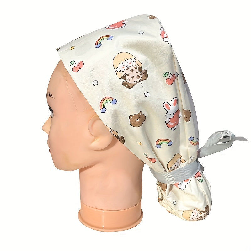 Cartoon Print Work Cap With Button For Women Long Hair