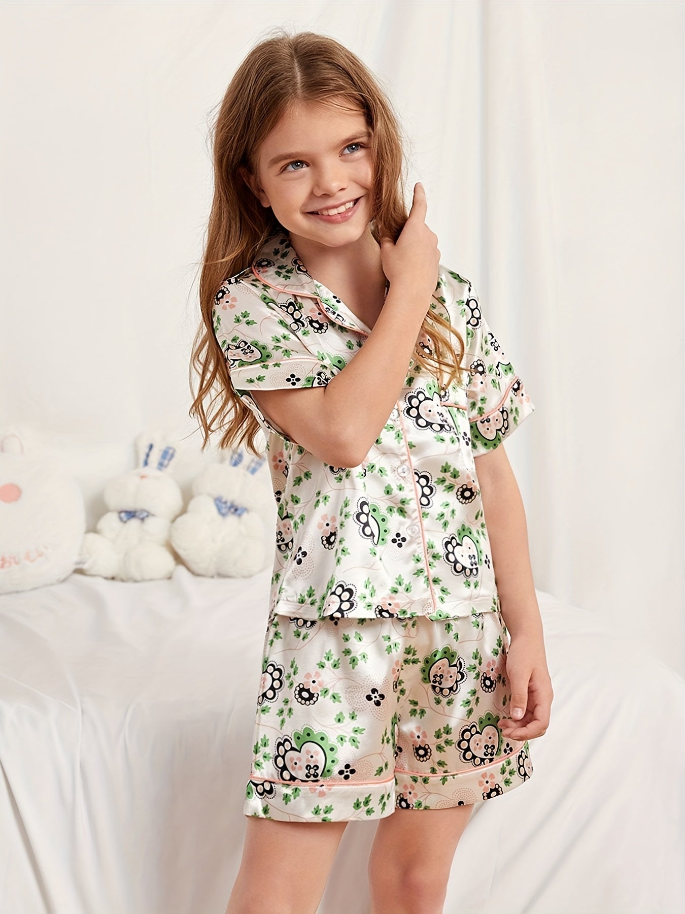 Girls Pajamas Set Flowers Graphic Short Sleeve Top & Shorts Sleepwear